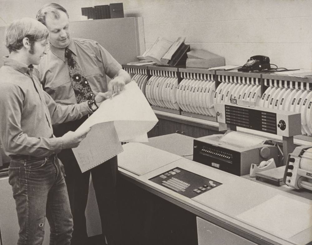 Student Gearhardt Wittag and Gordon Stegiuer, director of the Computer Center, Spring 1972